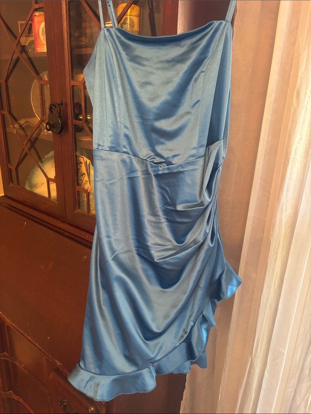 Emerald Sundae Satin Cowl Midi Dress in Sky Blue